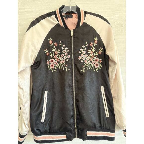 New Look Jackets & Blazers - Outer Edge Floral Embroidered Black and Pink Bomber Jacket